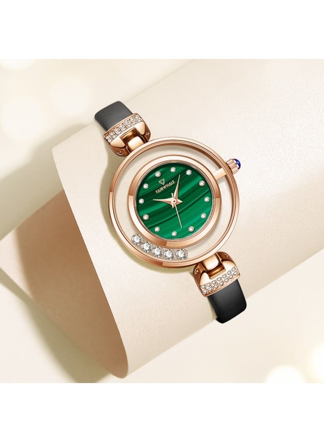 Mark Fairwhale Women's Diamond-Decorated Quartz Watch, Green Dial with Black Leather Strap and Gold Case, Water-Resistan - Image 2